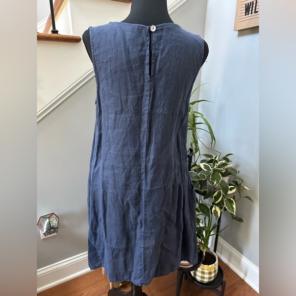 Navy Blue Sleeveless Linen Dress with Pockets Made in Italy - Picture 3 of 5